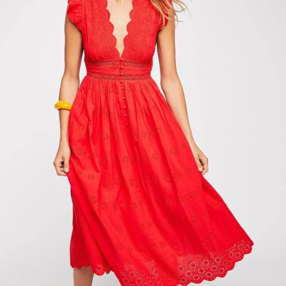 IN SEARCH OF Free People Peach Pie Midi Dress eyelet LARGE - Picture 1 of 1